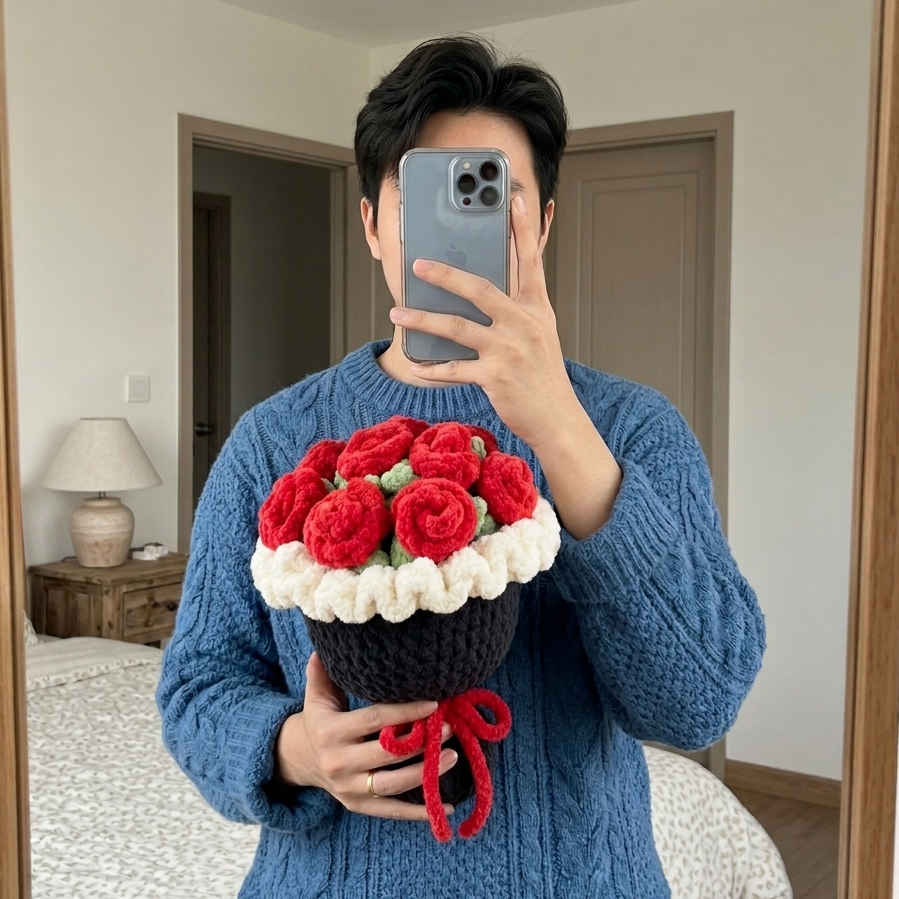 Person holding a large bouquet of red and white flowers in a room.