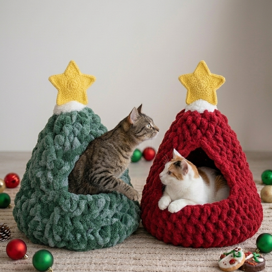 Crochet Christmas cat cave pattern shaped like a festive tree for cats