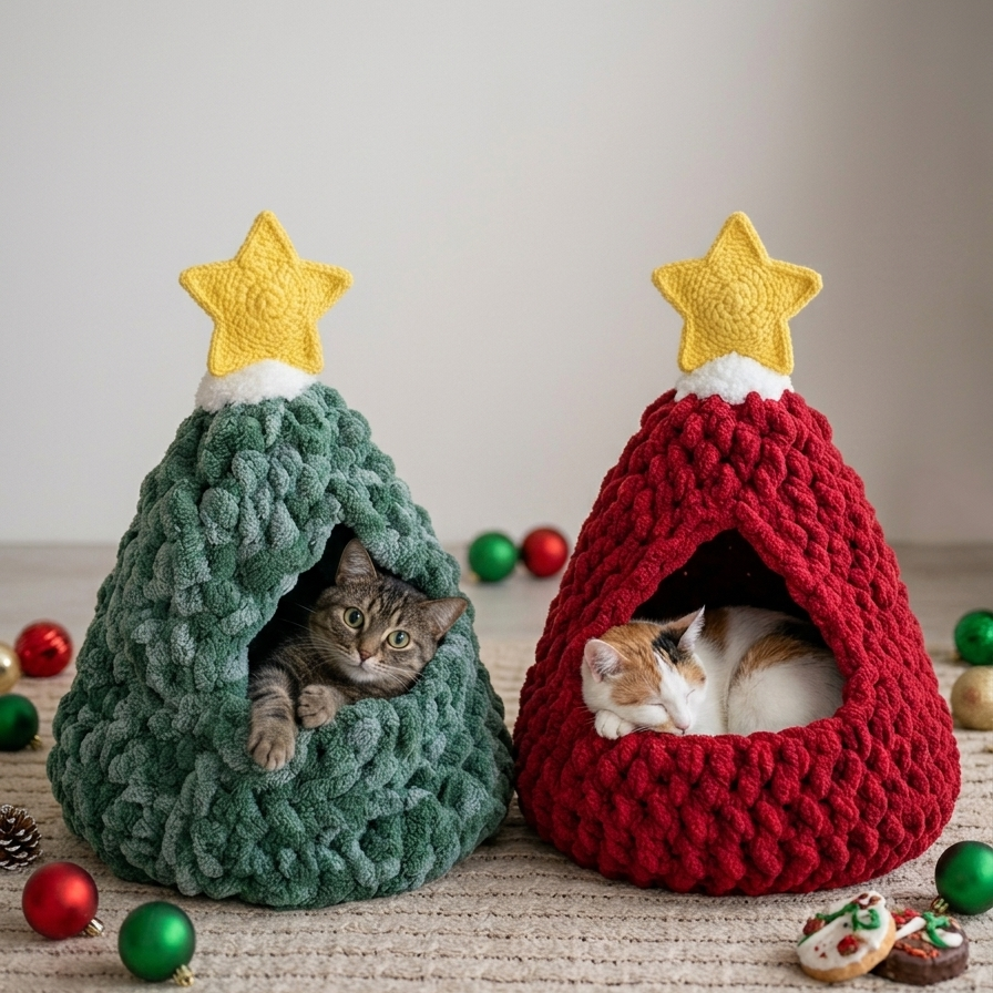 Festive Christmas tree cat house crochet pattern for cozy winter pet decor