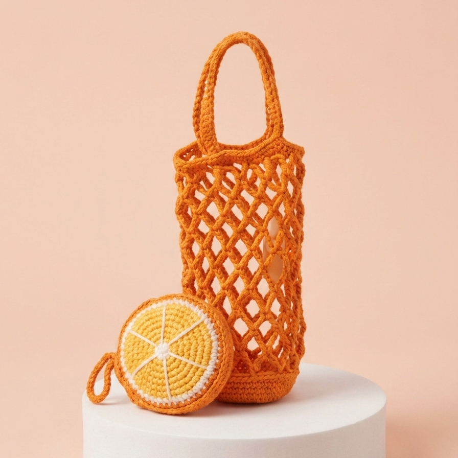 orange crochet mesh bottle bag with lemon coaster charm pattern