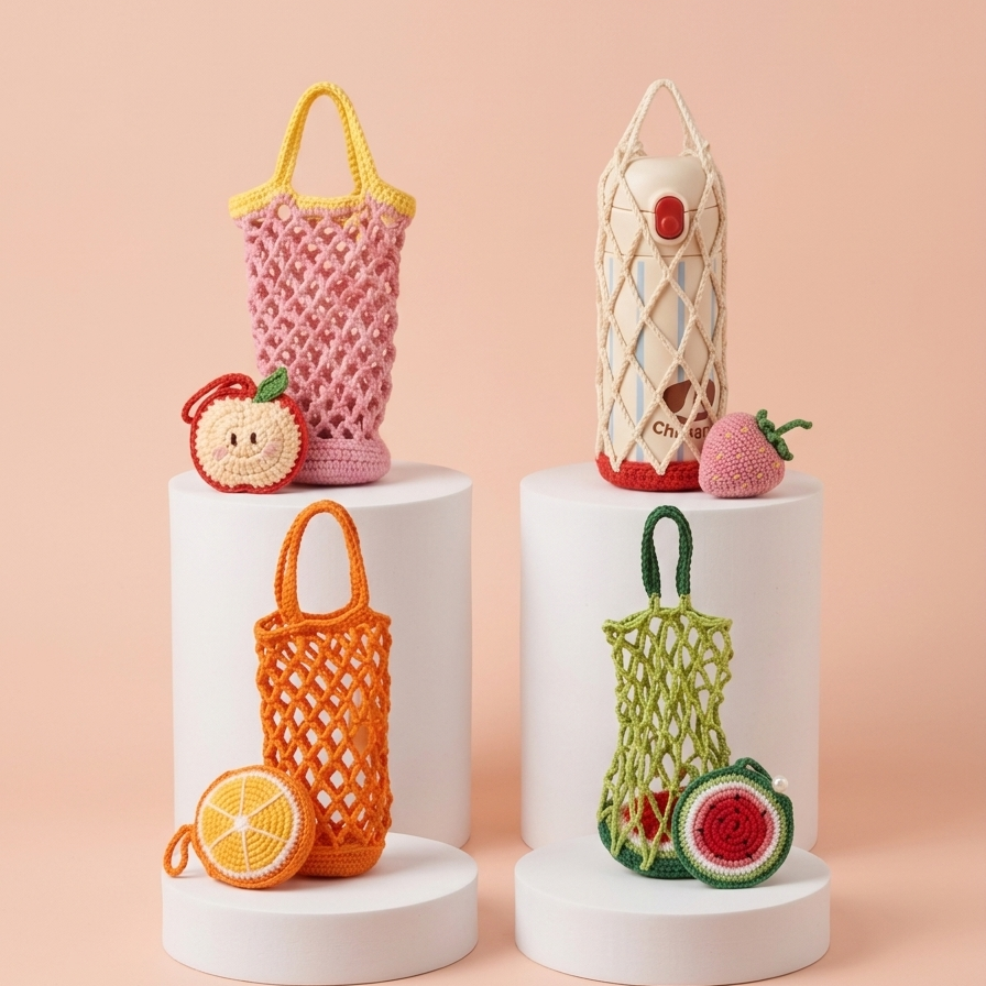 4 in 1 handmade crochet fruit mesh bottle bag pattern pastel collection