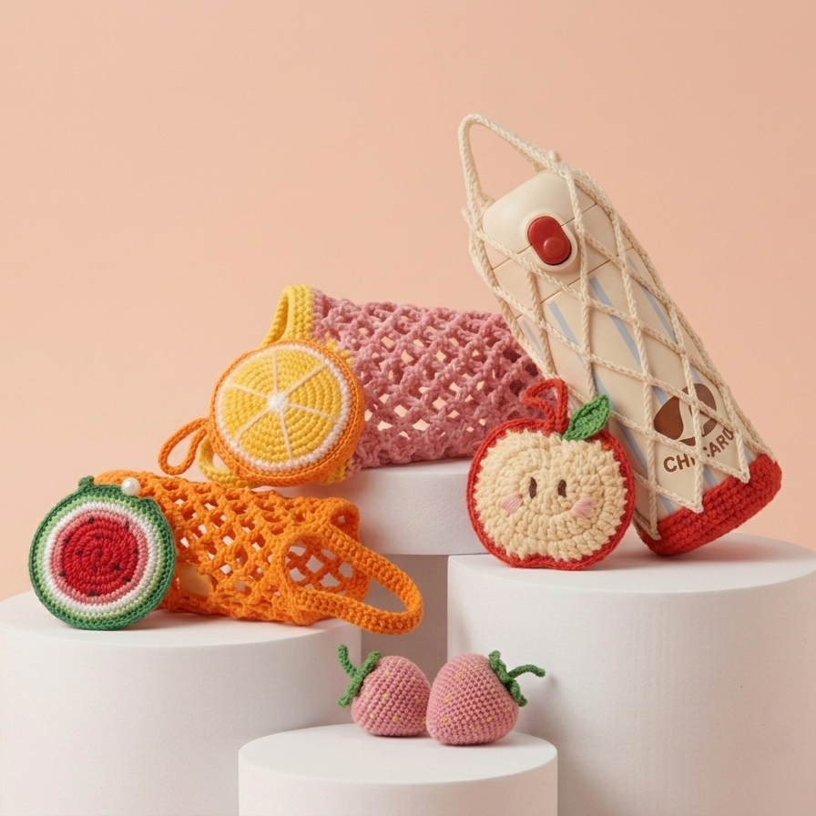 crochet water bottle holder mesh bag pattern set with fruit accessories