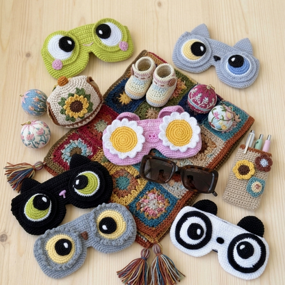 5 in 1 animal glasses case crochet pattern with frog cat panda and owl designs