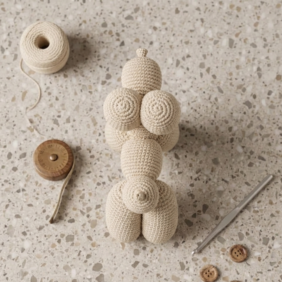 Top view of balloon dog crochet pattern handmade amigurumi decor