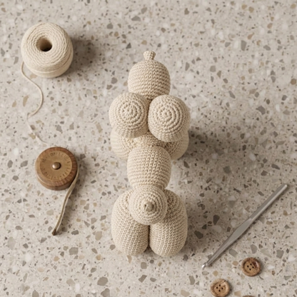 Top view of balloon dog crochet pattern handmade amigurumi decor