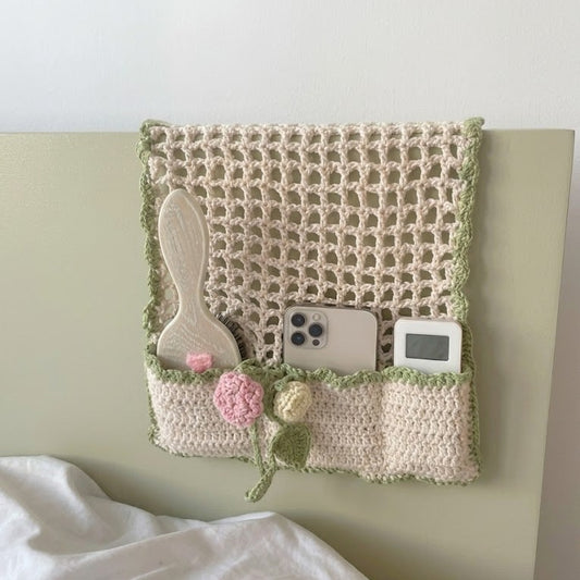Bedside hanging crochet pattern with floral storage pocket organizer