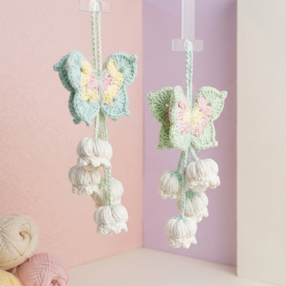 Butterfly lily charm crochet pattern with pastel floral hanging decor