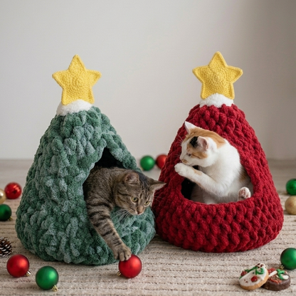 Christmas tree cat bed crochet pattern with cozy handmade holiday pet cave