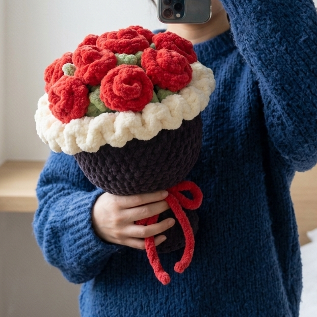 Person holding a knitted flower bouquet in front of a mirror