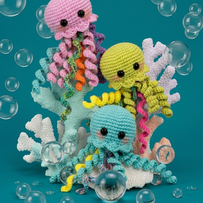 Colorful jellyfish crochet pattern with pastel underwater aesthetic