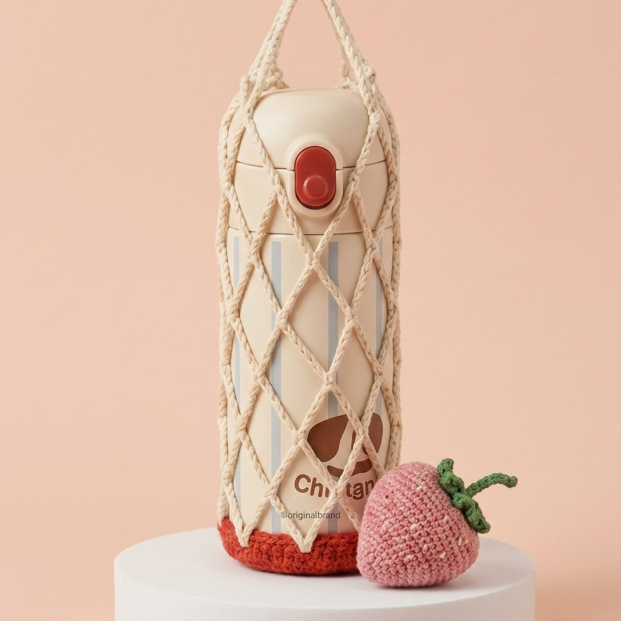 cream crochet bottle holder with strawberry accessory handmade pattern