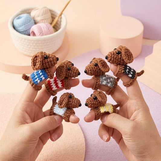 Crochet dachshund finger puppet pattern with colorful sweater details