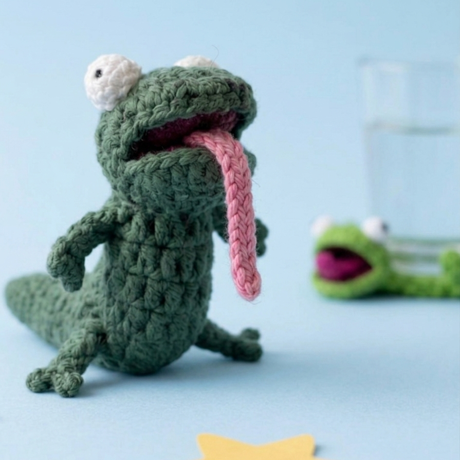 Crochet lizard coaster pattern with meme-inspired expression