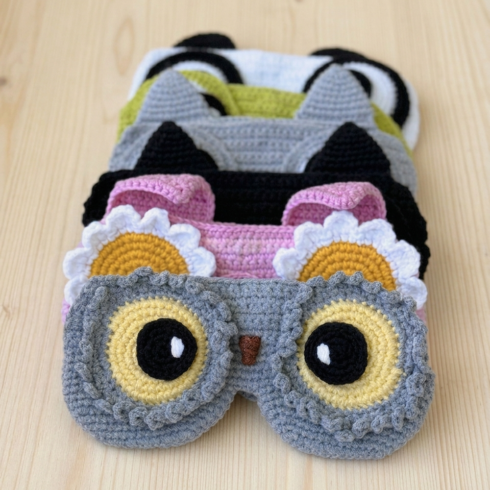 Handmade crochet glasses holder pattern featuring frog panda owl and flower designs