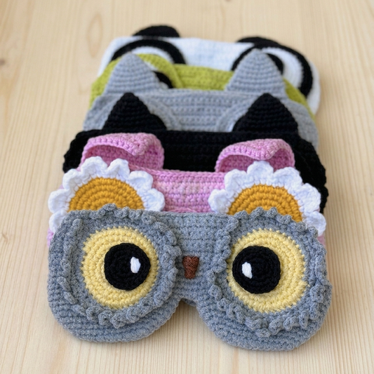 Handmade crochet glasses holder pattern featuring frog panda owl and flower designs