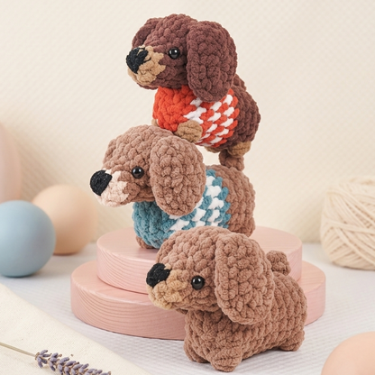 Cute dachshund crochet toy pattern with soft plush yarn and realistic details