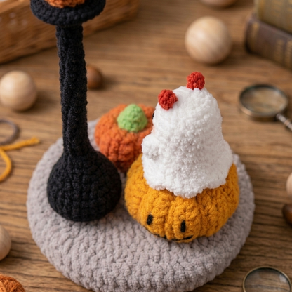 Handmade pumpkin lantern crochet pattern with tiny ghost figure