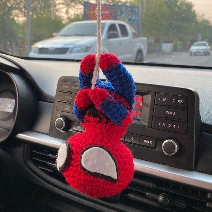 Cute Spider-Man crochet accessory hanging on car rearview mirror