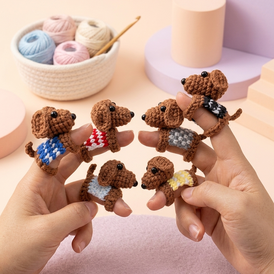 Dog finger puppets crochet pattern set with cute handmade dachshund designs
