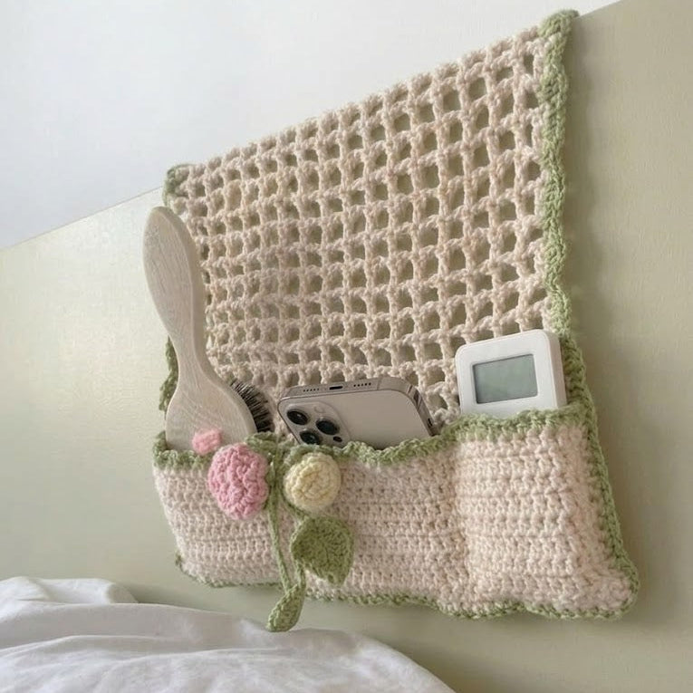 Handmade floral bedside organizer crochet pattern for cozy bedroom decor
