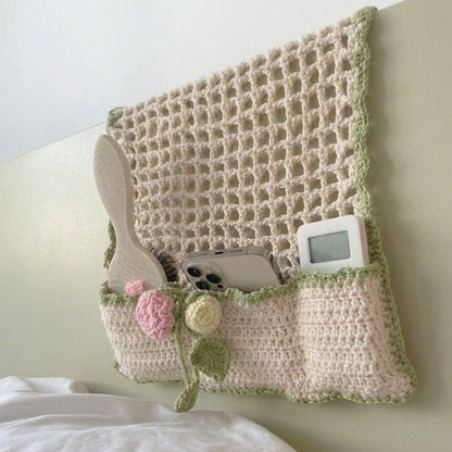 Handmade floral bedside organizer crochet pattern for cozy bedroom decor