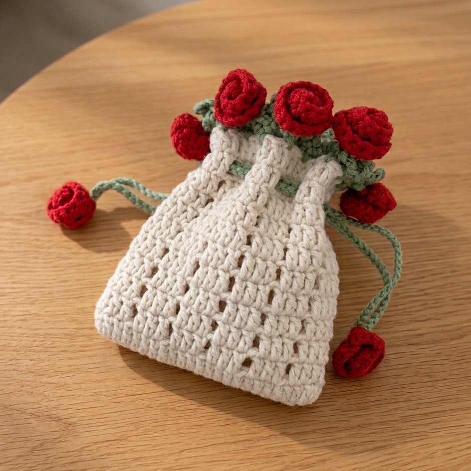 Floral drawstring bag crochet pattern with red roses and leaves
