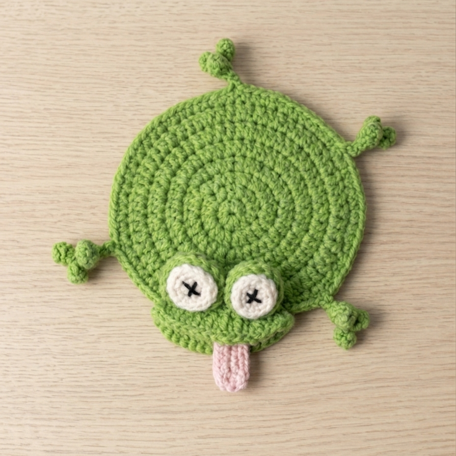 green crochet frog coaster