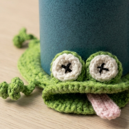 green crochet frog coaster