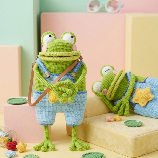 Cute frog crochet crossbody bag handmade amigurumi purse with star overalls