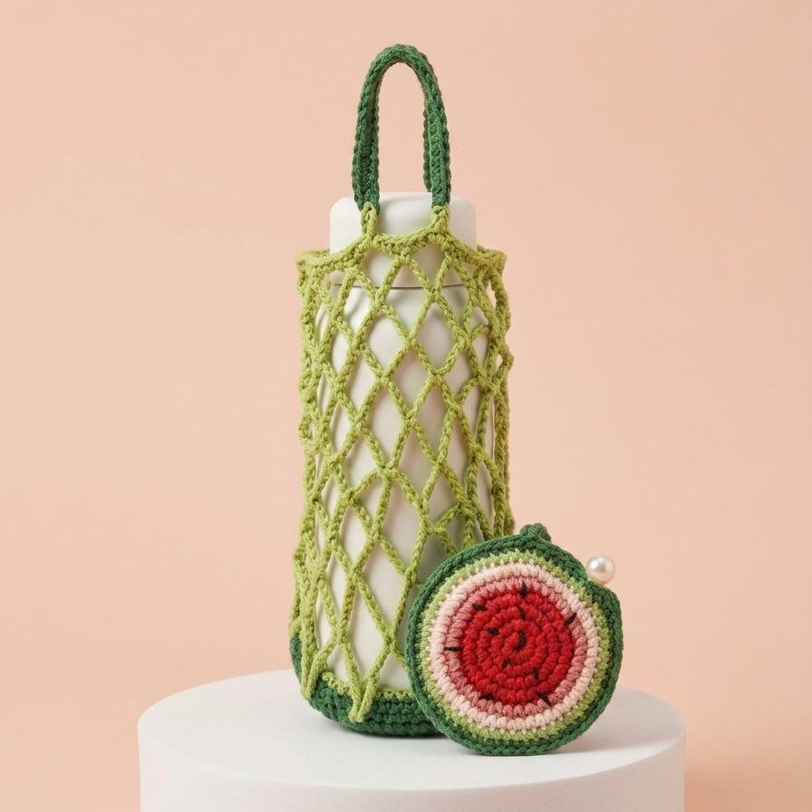 green crochet mesh water bottle bag with watermelon charm pattern