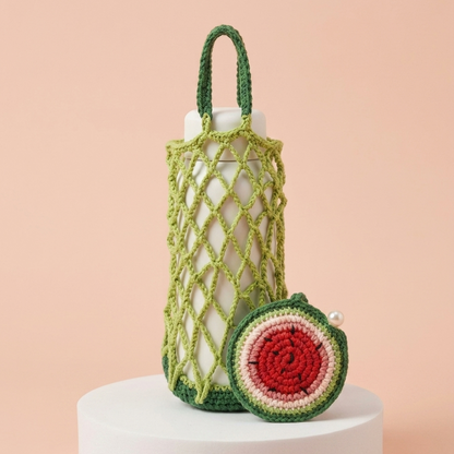 green crochet mesh water bottle bag with watermelon charm pattern