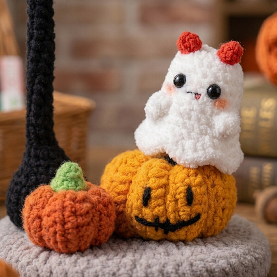 Cute Halloween ghost lamp amigurumi crochet pattern for cozy decor