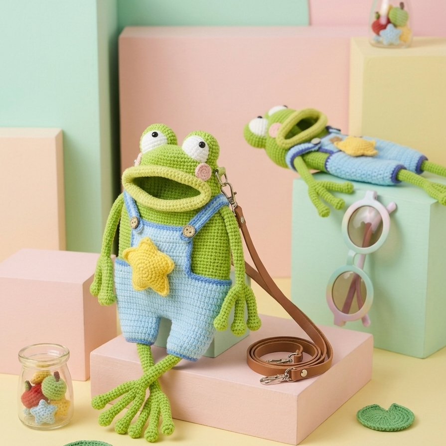 Handmade frog crochet plush bag aesthetic pastel photography