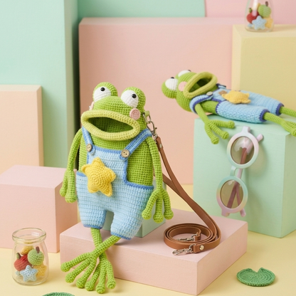 Handmade frog crochet plush bag aesthetic pastel photography