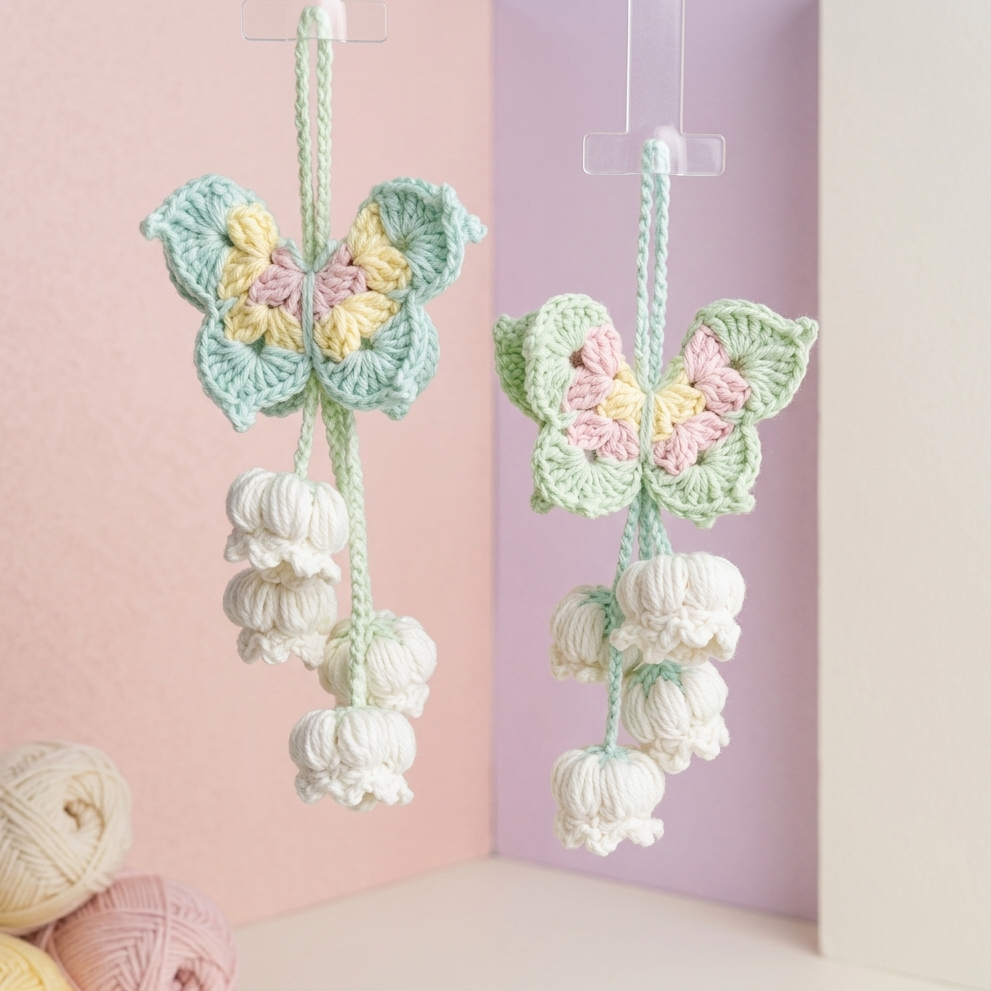 Handmade butterfly lily crochet charm pattern for bag or room decor