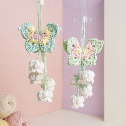 Handmade butterfly lily crochet charm pattern for bag or room decor