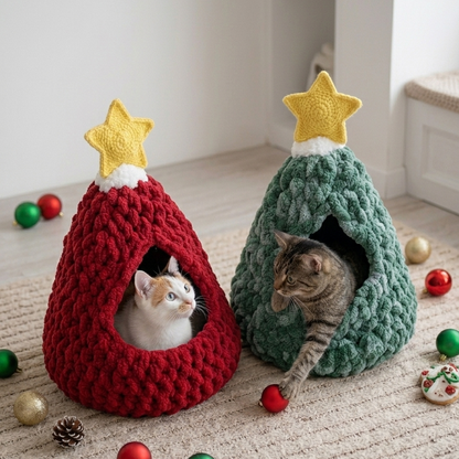 Holiday cat bed crochet PDF pattern featuring a Christmas tree design