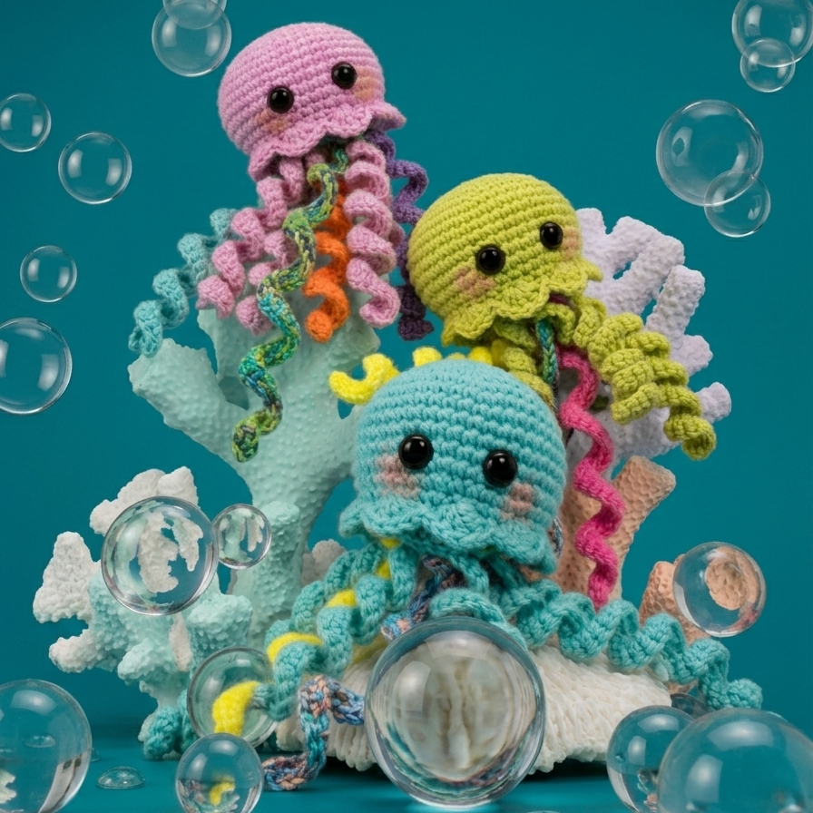 Jellyfish crochet pattern with colorful curly tentacles and ocean theme