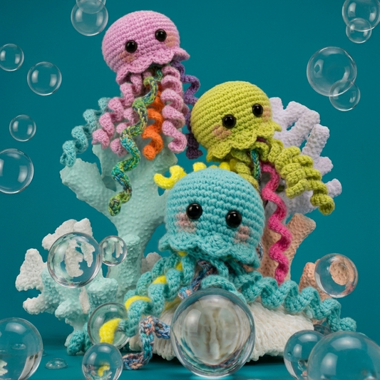 Jellyfish crochet pattern with colorful curly tentacles and ocean theme