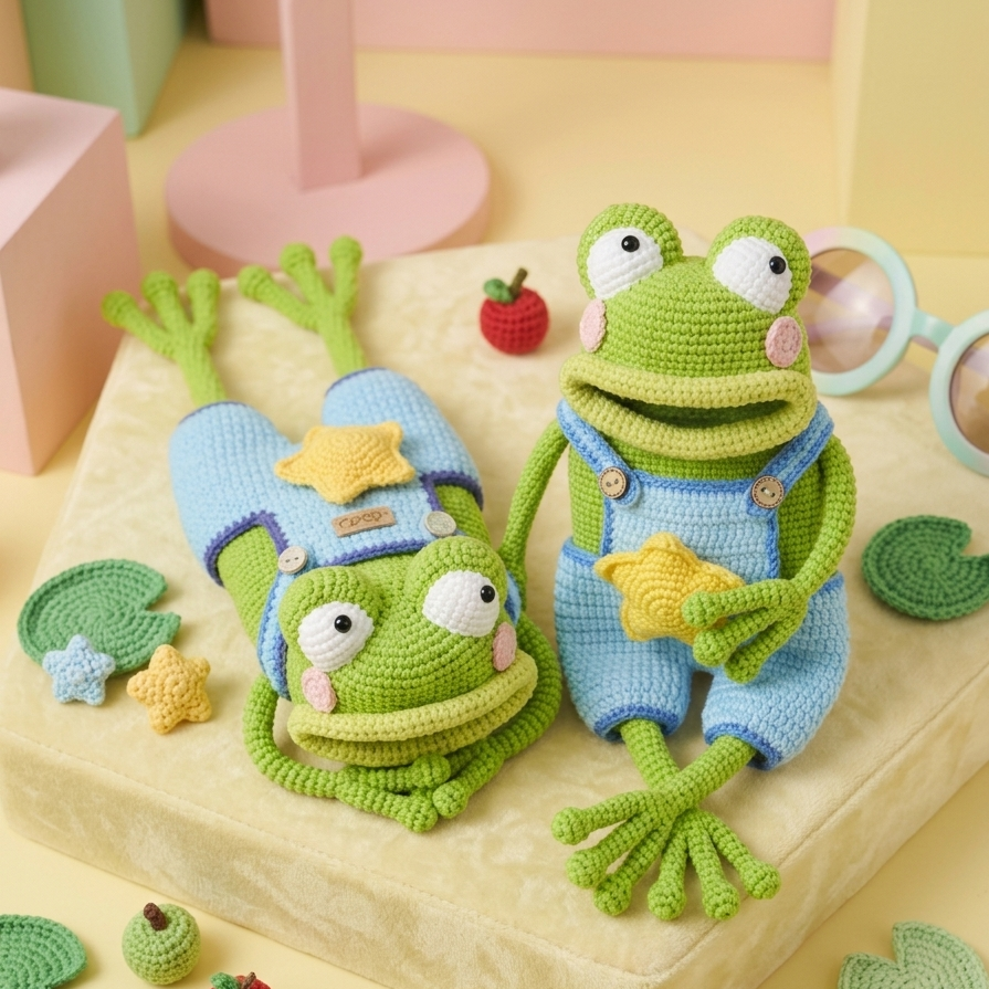 Kawaii frog amigurumi crochet bag pattern with blue overalls and star detail