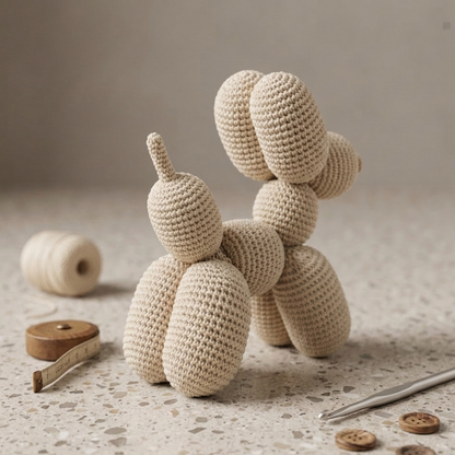 Modern balloon dog amigurumi crochet pattern in neutral beige yarn