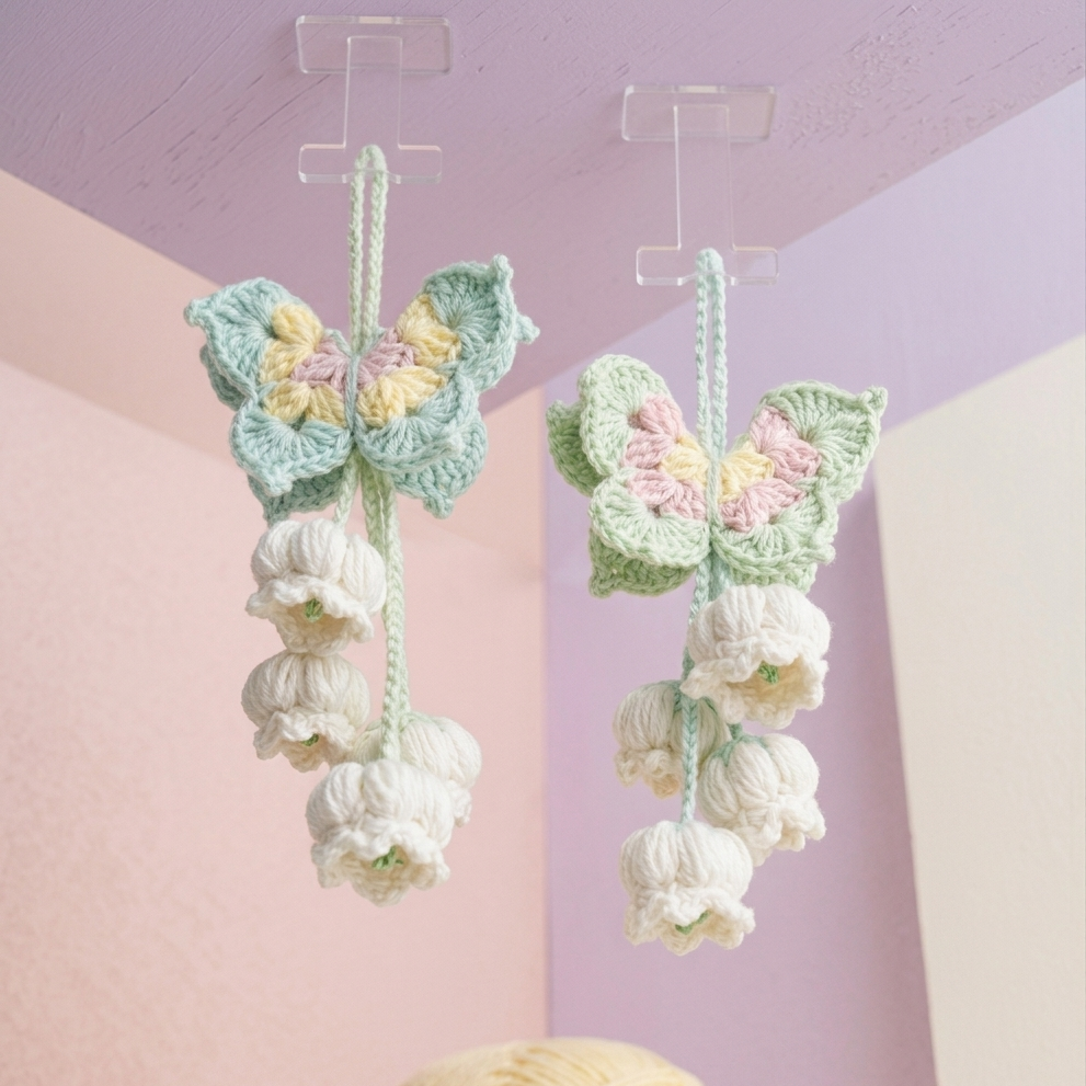 Pastel butterfly flower crochet pattern with hanging lily bells