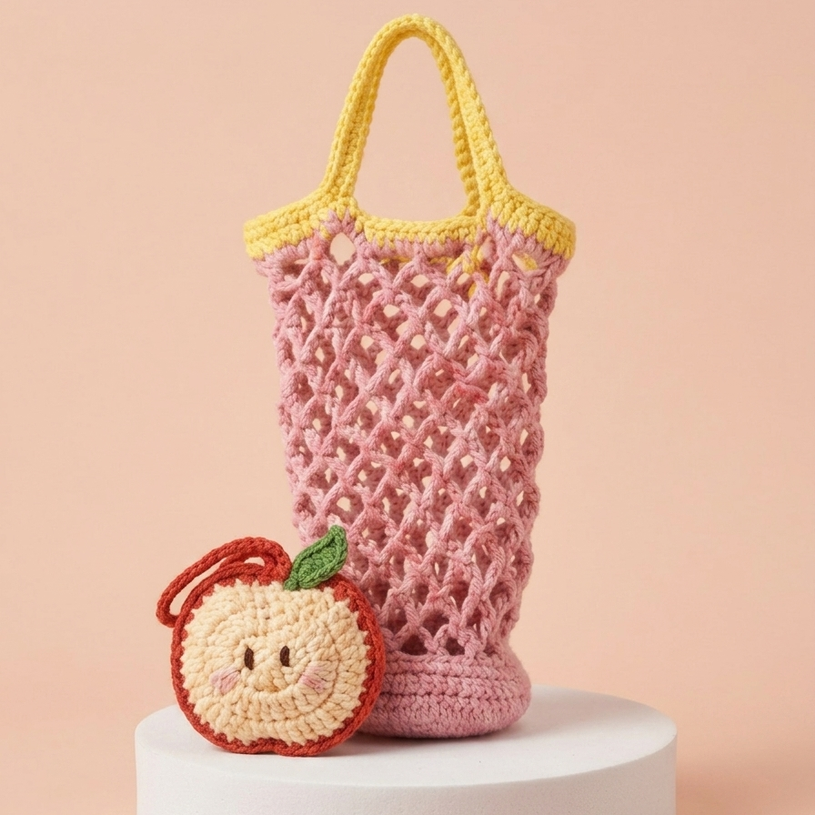 pink crochet mesh water bottle bag with apple charm pattern