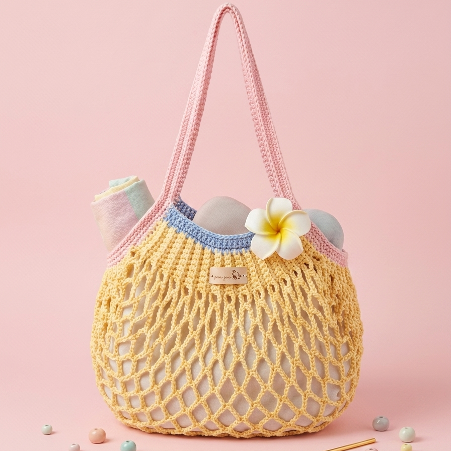 Summer crochet market bag pattern with aesthetic net tote style