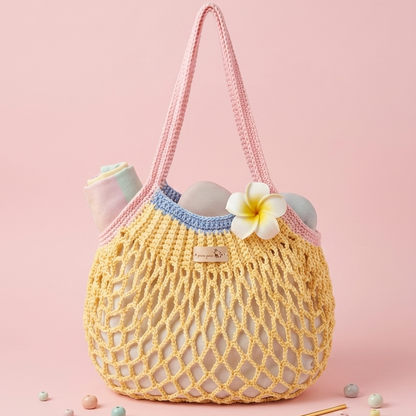 Summer crochet market bag pattern with aesthetic net tote style