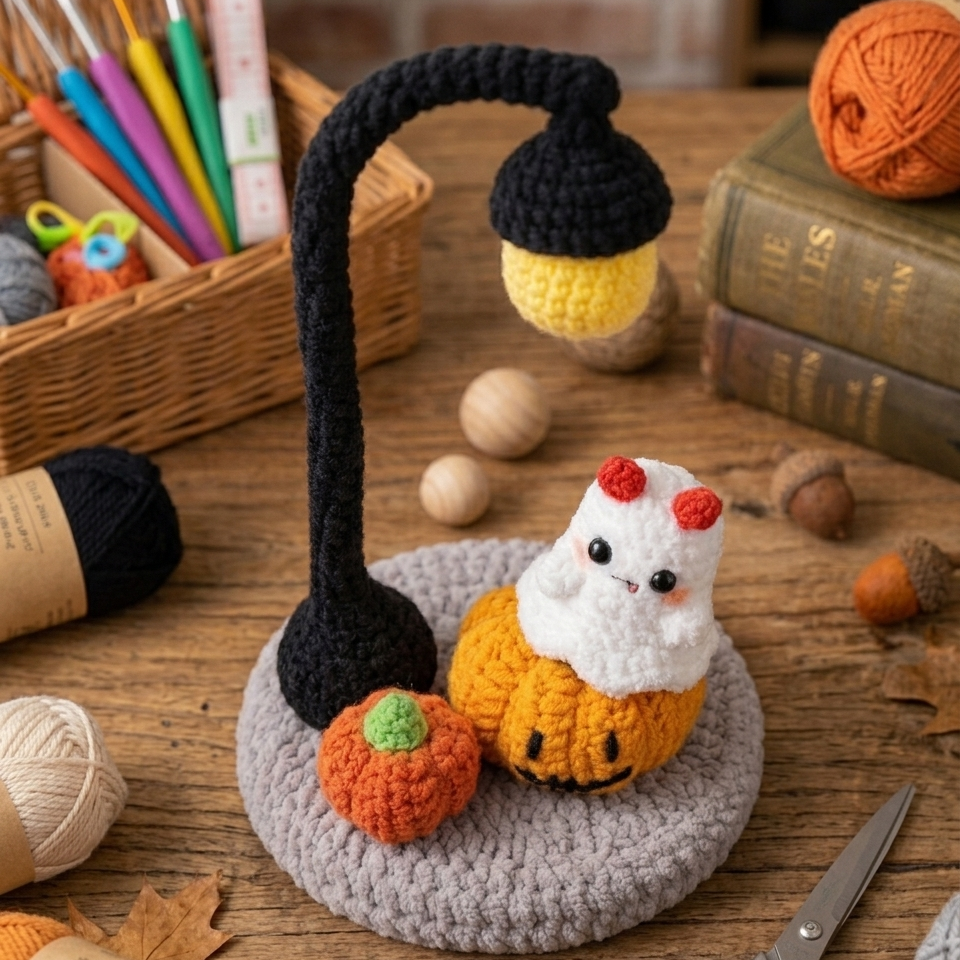 Tiny ghost lantern crochet pattern with pumpkin and lamp design
