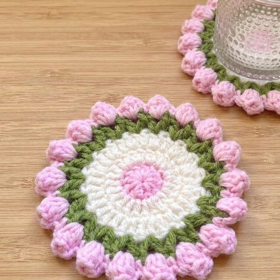 Two crocheted coasters with pink and green patterns on a wooden surface.