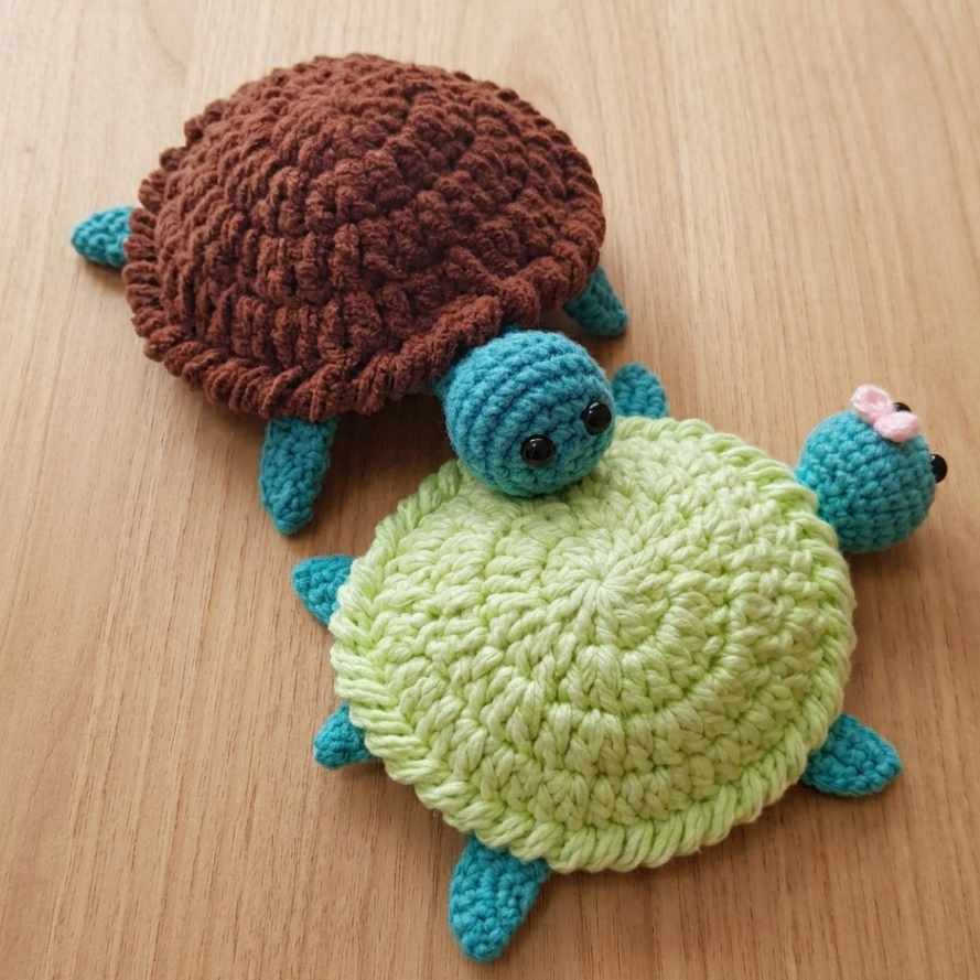 Two crocheted turtle toys, one brown and one green, on a wooden surface.